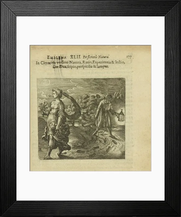 Framed Print : Emblem 42. To him who is in Chymicis be nature, reason, experience and reading... 1816. Creator: Merian, Matthäus, the Elder (1593-1650) Framed Print : Emblem 42. To him who is in Chymicis be nature, reason, experience and reading... 1816. Creator: Merian, Matthäus, the Elder (1593-1650)