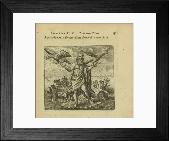 Framed Print : Emblem 46. Two eagles, one from the east, the other from the west, come together, 1816. Creator: Merian, Matthäus, the Elder (1593-1650) Framed Print : Emblem 46. Two eagles, one from the east, the other from the west, come together, 1816. Creator: Merian, Matthäus, the Elder (1593-1650)
