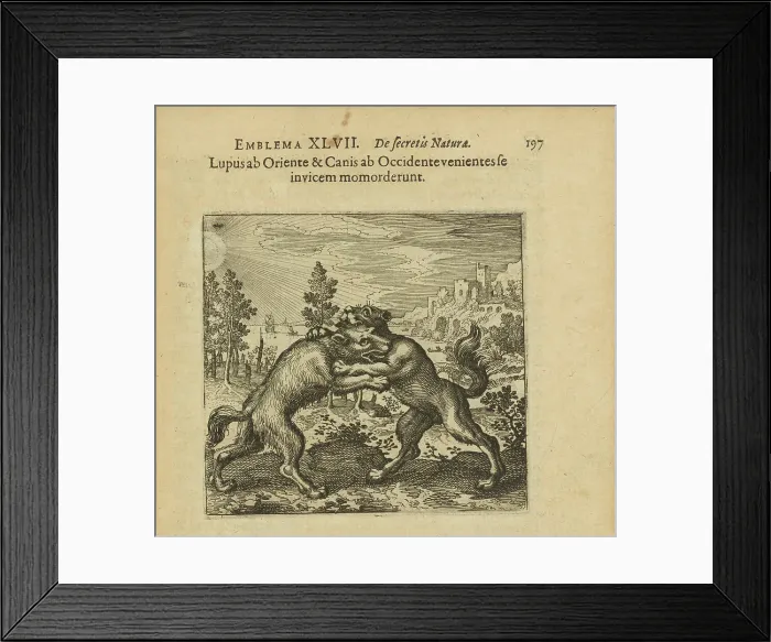 Framed Print : Emblem 47. The wolf coming from the staircase and the dog coming from the staircase have... 1816. Creator: Merian, Matthäus, the Elder (1593-1650) Framed Print : Emblem 47. The wolf coming from the staircase and the dog coming from the staircase have... 1816. Creator: Merian, Matthäus, the Elder (1593-1650)