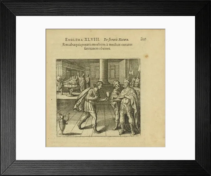 Framed Print : Emblem 48. The king gets an illness from drinking water, but when healed by doctors he... 1816. Creator: Merian, Matthäus, the Elder (1593-1650) Framed Print : Emblem 48. The king gets an illness from drinking water, but when healed by doctors he... 1816. Creator: Merian, Matthäus, the Elder (1593-1650)