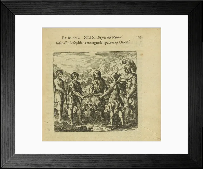 Framed Print : Emblem 49. The philosophical child recognizes three fathers, like Orion, 1816. Creator: Merian, Matthäus, the Elder (1593-1650) Framed Print : Emblem 49. The philosophical child recognizes three fathers, like Orion, 1816. Creator: Merian, Matthäus, the Elder (1593-1650)