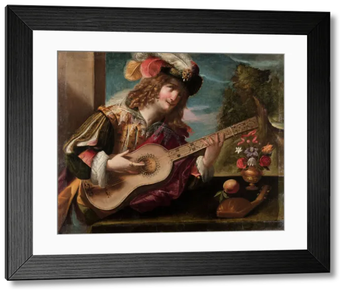 Framed Print : Ritratto di suonatore con chitarra (Portrait of a Guitar Player), 1636. Creator: Pombioli, Tommaso (1579-1636) Framed Print : Ritratto di suonatore con chitarra (Portrait of a Guitar Player), 1636. Creator: Pombioli, Tommaso (1579-1636)