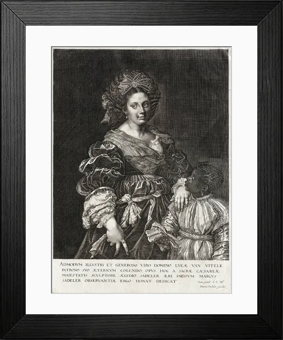 Framed Print : Portrait of Laura Dianti with a young servant, 1600-1625. Creator: Sadeler, Aegidius (1575-1629)