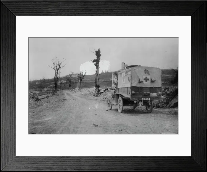 Framed Print : American Ambulance on road to Verdun, shell bursting, between c1915 and 1918. Creator: Bain News Service Framed Print : American Ambulance on road to Verdun, shell bursting, between c1915 and 1918. Creator: Bain News Service