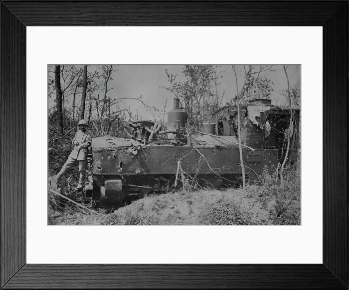 Framed Print : German locomotive in the Somme damaged by French shells, between c1915 and c1920. Creator: Bain News Service Framed Print : German locomotive in the Somme damaged by French shells, between c1915 and c1920. Creator: Bain News Service