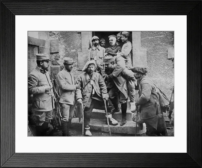 Framed Print : Wounded French leaving hospital, 1917. Creator: Bain News Service Framed Print : Wounded French leaving hospital, 1917. Creator: Bain News Service