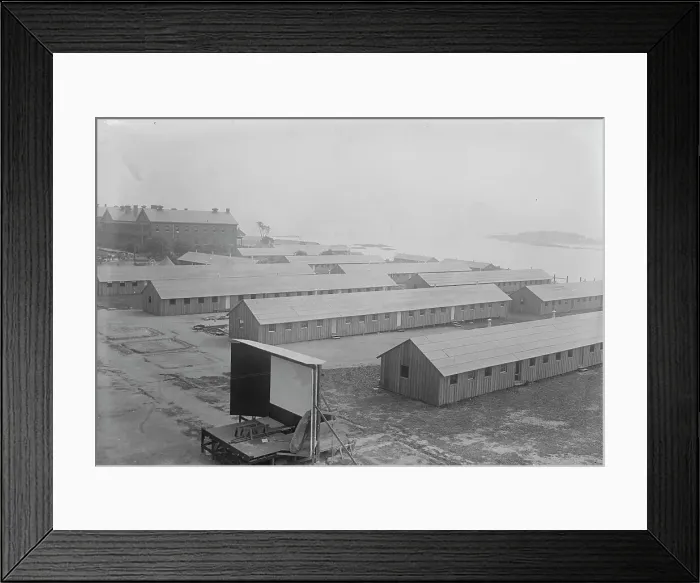 Framed Print : Fort Slocum, Shacks built for draft men, 1917. Creator: Bain News Service Framed Print : Fort Slocum, Shacks built for draft men, 1917. Creator: Bain News Service
