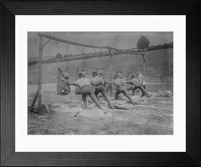 Framed Print : Bayonet practice, British training, 16 Aug 1917. Creator: Bain News Service Framed Print : Bayonet practice, British training, 16 Aug 1917. Creator: Bain News Service
