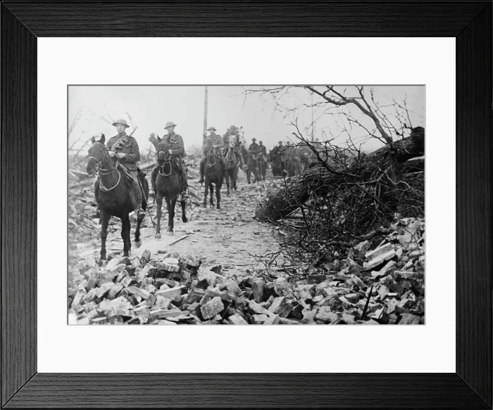 Framed Print : British Cavalry passing thro wrecked village, 21 Apr 1917.. Creator: Bain News Service Framed Print : British Cavalry passing thro wrecked village, 21 Apr 1917.. Creator: Bain News Service