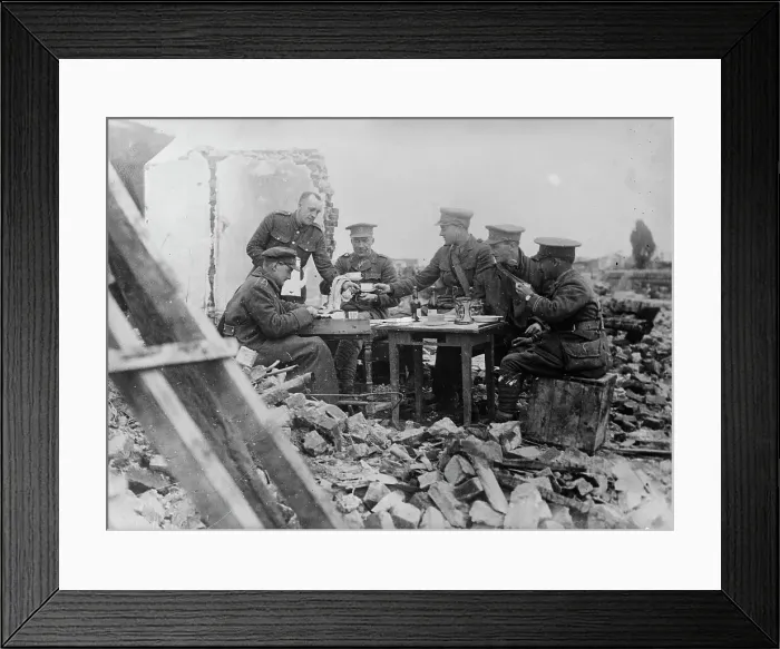 Framed Print : British officers luncheon in wrecked village, 1917 25 April 1917. Creator: Bain News Service Framed Print : British officers luncheon in wrecked village, 1917 25 April 1917. Creator: Bain News Service