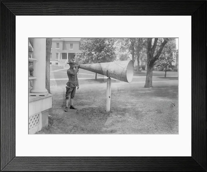 Framed Print : Bugle Megaphone, Fort Totten, 3 Jul 1917. Creator: Bain News Service Framed Print : Bugle Megaphone, Fort Totten, 3 Jul 1917. Creator: Bain News Service