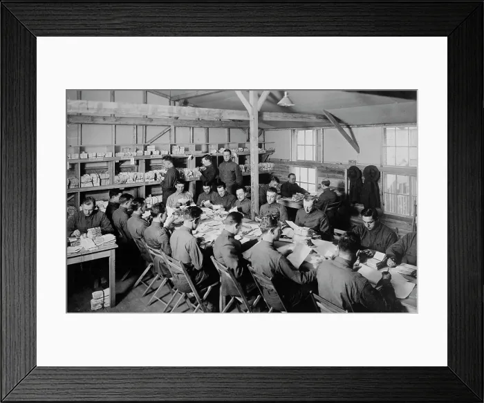 Framed Print : Soldier records, Camp Upton, 1917 or 1918. Creator: Bain News Service Framed Print : Soldier records, Camp Upton, 1917 or 1918. Creator: Bain News Service