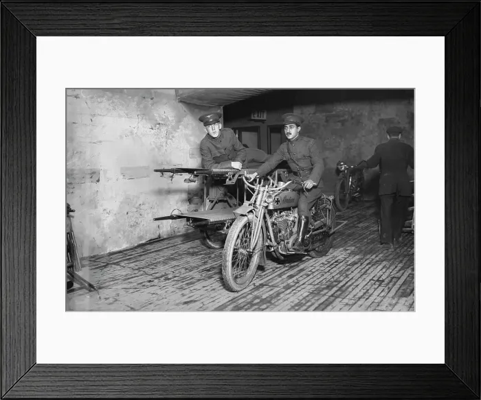 Framed Print : Motor Cycle Ambulance, Hero Land, 1917. Creator: Bain News Service Framed Print : Motor Cycle Ambulance, Hero Land, 1917. Creator: Bain News Service