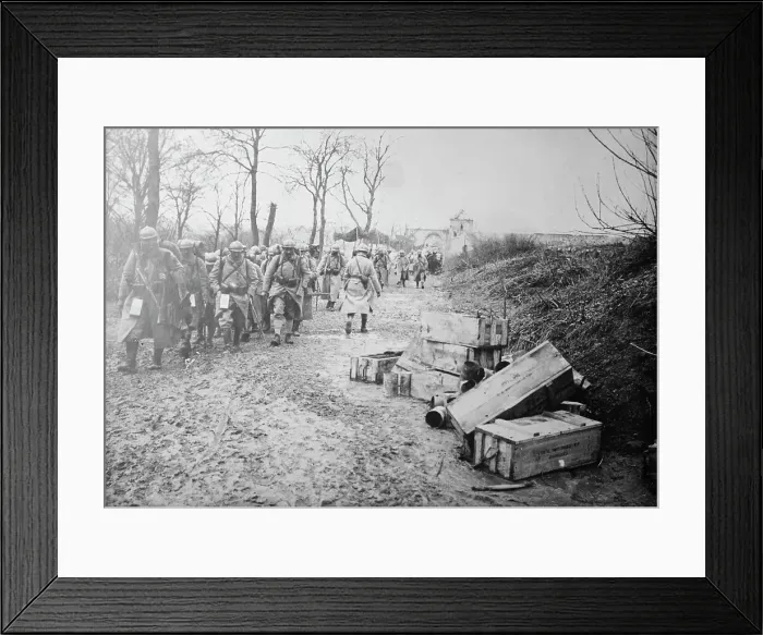 Framed Print : On Maubeuge Road, coming from 1st line trenches, between c1915 and c1920. Creator: Bain News Service Framed Print : On Maubeuge Road, coming from 1st line trenches, between c1915 and c1920. Creator: Bain News Service