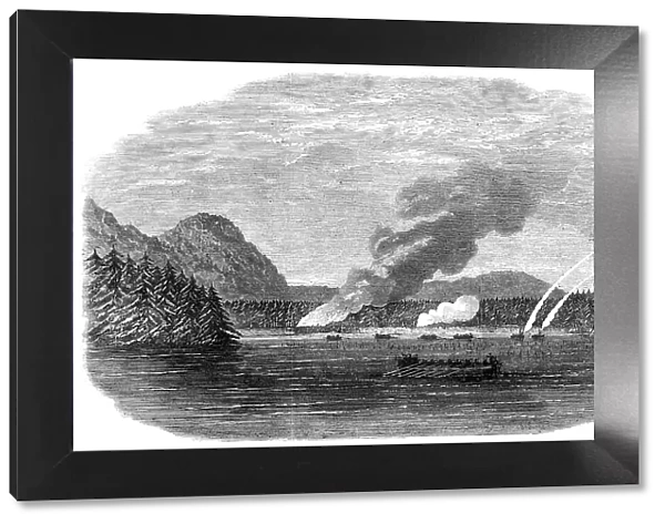 The boats of H.M.S. Sutlej and Devastation attacking an Indian village in Clayoquot... 1864. Creator: Unknown