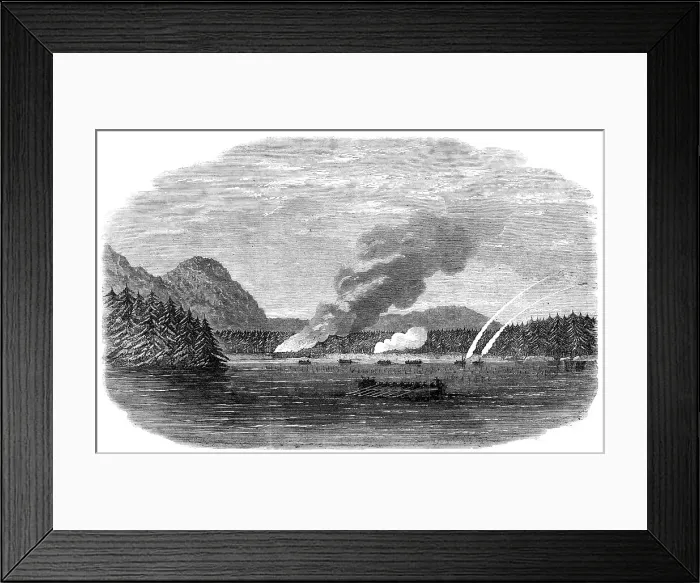 Framed Print : The boats of H.M.S. Sutlej and Devastation attacking an Indian village in Clayoquot... 1864. Creator: Unknown Framed Print : The boats of H.M.S. Sutlej and Devastation attacking an Indian village in Clayoquot... 1864. Creator: Unknown