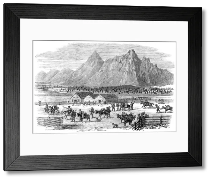 Framed Print : Sketches in British Columbia: scene at the fountain near Parsonville, Fraser River, 1864. Creator: Unknown Framed Print : Sketches in British Columbia: scene at the fountain near Parsonville, Fraser River, 1864. Creator: Unknown