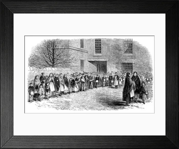 Framed Print : The Cotton Famine: operatives waiting for their breakfast in Mr. Chapman's courtyard... 1862. Creator: Unknown Framed Print : The Cotton Famine: operatives waiting for their breakfast in Mr. Chapman's courtyard... 1862. Creator: Unknown