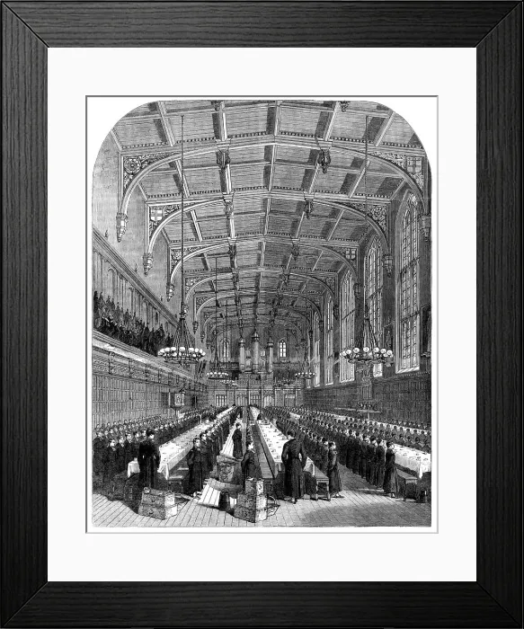 Framed Print : The Great Schools of England: the dining-hall at Christ's Hospital...singing a hymn, 1862. Creator: Unknown Framed Print : The Great Schools of England: the dining-hall at Christ's Hospital...singing a hymn, 1862. Creator: Unknown