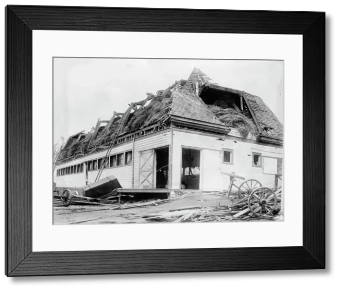 Framed Print : Cow barn unroofed, Geneva, N.Y. Cyclone, between c1910 and c1915. Creator: Bain News Service Framed Print : Cow barn unroofed, Geneva, N.Y. Cyclone, between c1910 and c1915. Creator: Bain News Service