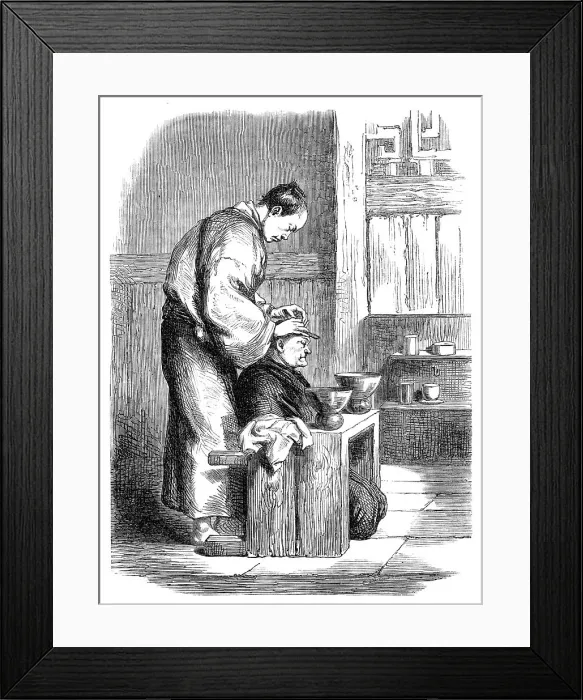 Framed Print : A Japanese barber - from a sketch by our special artist, 1864. Creator: Unknown