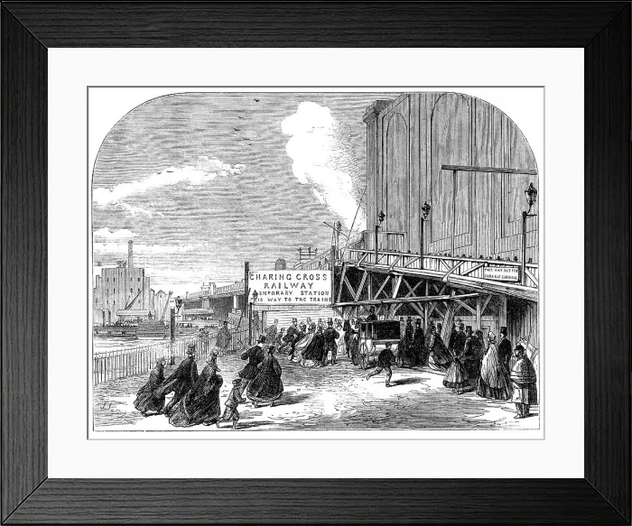 Framed Print : The Charing-Cross Railway: temporary entrance to the station from Villiers-Street, 1864. Creator: Unknown Framed Print : The Charing-Cross Railway: temporary entrance to the station from Villiers-Street, 1864. Creator: Unknown