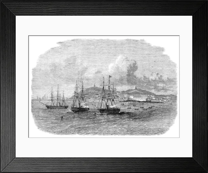 Framed Print : Embarkation at Cape Coast Castle of the troops recalled from the Ashantee War, 1864. Creator: Unknown Framed Print : Embarkation at Cape Coast Castle of the troops recalled from the Ashantee War, 1864. Creator: Unknown
