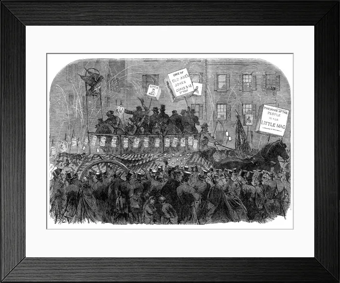 Framed Print : Presidential electioneering in New York: torchlight procession of the M'Clellan party, 1864. Creator: Unknown Framed Print : Presidential electioneering in New York: torchlight procession of the M'Clellan party, 1864. Creator: Unknown