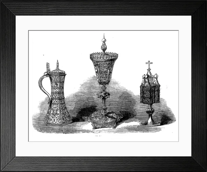 Framed Print : The Loan Collection, South-Kensington: Silver-gilt tankard; the Lynn Cup; chrismatory, 1862. Creator: Unknown Framed Print : The Loan Collection, South-Kensington: Silver-gilt tankard; the Lynn Cup; chrismatory, 1862. Creator: Unknown