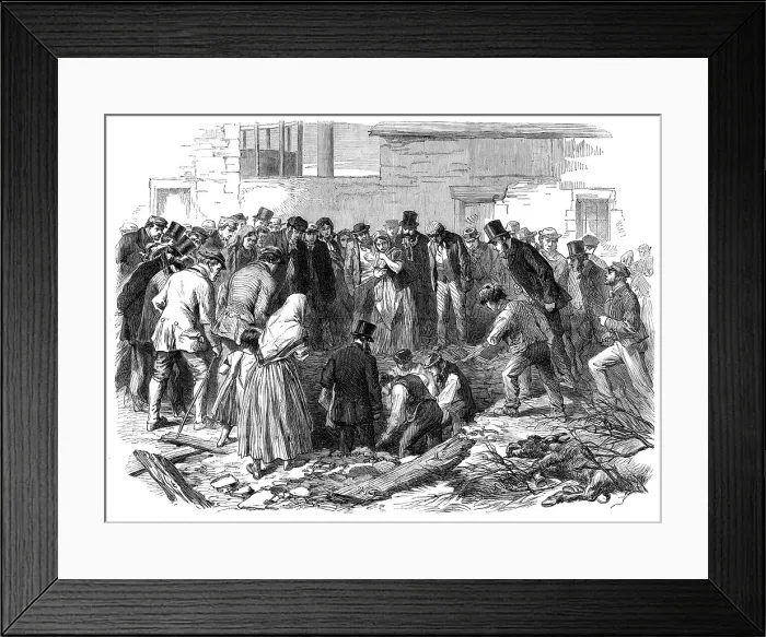 Framed Print : The Flood at Sheffield: searching for the dead in the cellar of a ruined house at Neepsend, 1864. Creator: Unknown Framed Print : The Flood at Sheffield: searching for the dead in the cellar of a ruined house at Neepsend, 1864. Creator: Unknown