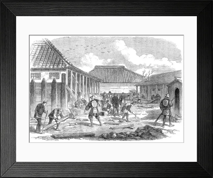 Framed Print : Barracks for British troops in course of erection at Yokohama...by our special artist in Japan, 1864 Creator: Unknown Framed Print : Barracks for British troops in course of erection at Yokohama...by our special artist in Japan, 1864 Creator: Unknown
