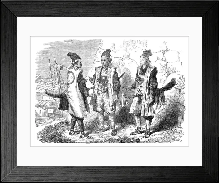 Framed Print : Scenes in Japan: Japanese warriors in fighting-dress - from a sketch by our special artist, 1864. Creator: Unknown Framed Print : Scenes in Japan: Japanese warriors in fighting-dress - from a sketch by our special artist, 1864. Creator: Unknown