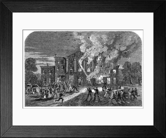 Framed Print : Burning of Pengwern Hall, near St. Asaph, the seat of Lord Mostyn, 1864. Creator: Unknown Framed Print : Burning of Pengwern Hall, near St. Asaph, the seat of Lord Mostyn, 1864. Creator: Unknown