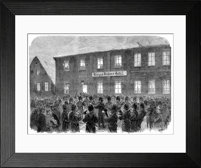 Framed Print : The War in Schleswig: band playing before Marshal Wrangel's head-quarters at Hadersleben... 1864. Creator: Unknown Framed Print : The War in Schleswig: band playing before Marshal Wrangel's head-quarters at Hadersleben... 1864. Creator: Unknown