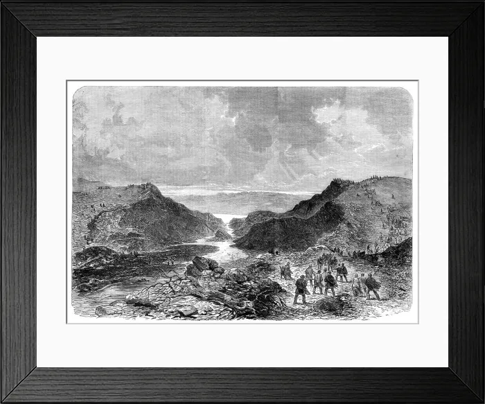 Framed Print : The Bradfield Reservoir, near Sheffield: the gap in the Dale Dyke embankment... 1864. Creator: Unknown Framed Print : The Bradfield Reservoir, near Sheffield: the gap in the Dale Dyke embankment... 1864. Creator: Unknown
