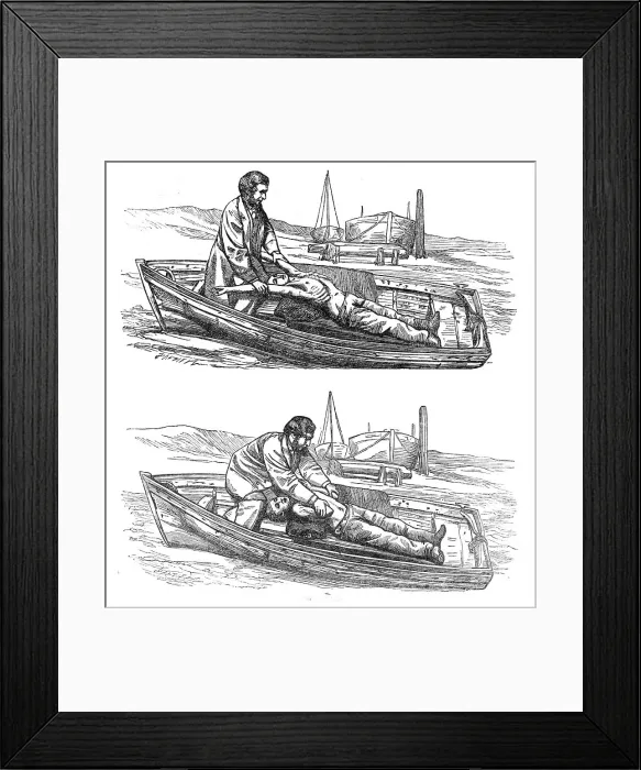 Framed Print : Restorative treatment of the apparently drowned:Silvester's method of inducing respiration, 1864. Creator: Dalziel Brothers Framed Print : Restorative treatment of the apparently drowned:Silvester's method of inducing respiration, 1864. Creator: Dalziel Brothers