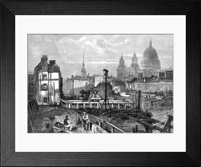 Framed Print : The railway works at Blackfriars and opening towards Ludgate Hill...from the temporary bridge, 1864. Creator: Mason Jackson Framed Print : The railway works at Blackfriars and opening towards Ludgate Hill...from the temporary bridge, 1864. Creator: Mason Jackson