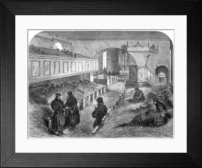 Framed Print : The War in Denmark: interior of West Düppel Church, used by Prussian soldiers as a dormitory, 1864. Creator: Unknown Framed Print : The War in Denmark: interior of West Düppel Church, used by Prussian soldiers as a dormitory, 1864. Creator: Unknown