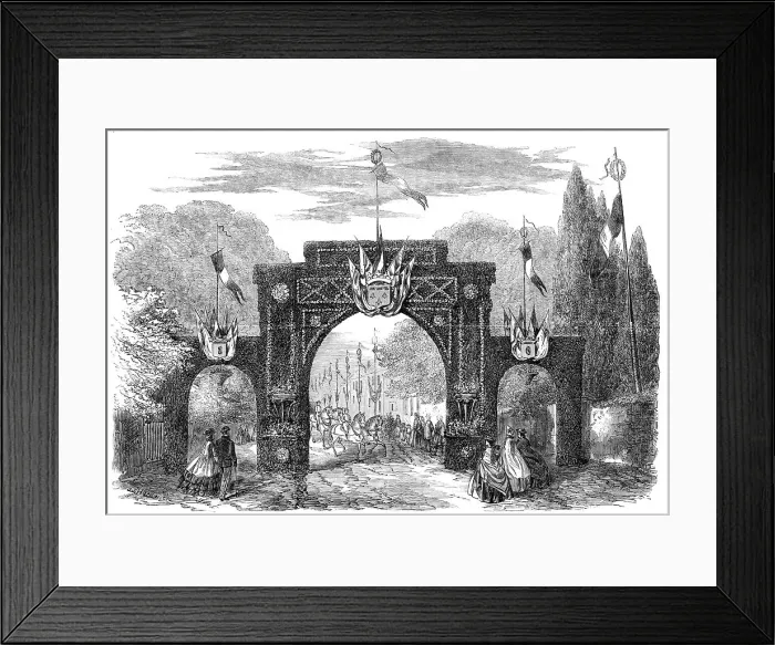 Framed Print : Marriage of the Count de Paris with the Princess Isabelle d'Orleans: triumphal arch at Esher, 1864. Creator: Unknown Framed Print : Marriage of the Count de Paris with the Princess Isabelle d'Orleans: triumphal arch at Esher, 1864. Creator: Unknown
