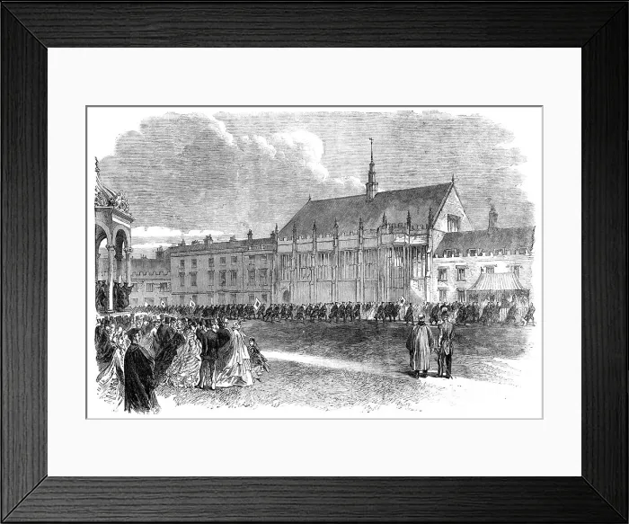 Framed Print : The Royal Visit to Cambridge - college boat clubs marching past the Prince and Princess... 1864. Creator: Unknown Framed Print : The Royal Visit to Cambridge - college boat clubs marching past the Prince and Princess... 1864. Creator: Unknown