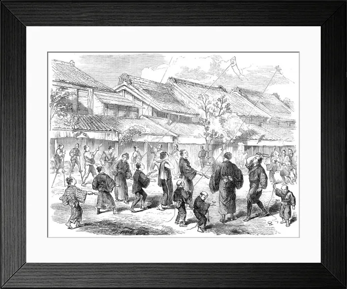 Framed Print : New-Year's Day in Japan - game of battledore and shuttlecock in the streets of Yokohama, 1865. Creator: Unknown Framed Print : New-Year's Day in Japan - game of battledore and shuttlecock in the streets of Yokohama, 1865. Creator: Unknown