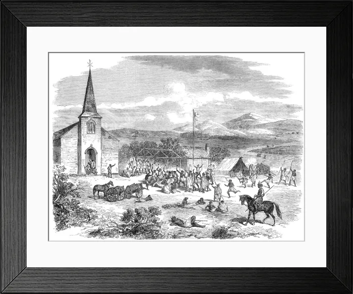 Framed Print : The murder of a missionary by the Maoris in New Zealand: savage dance...Pai Marire Fanatics, 1865. Creator: Unknown Framed Print : The murder of a missionary by the Maoris in New Zealand: savage dance...Pai Marire Fanatics, 1865. Creator: Unknown