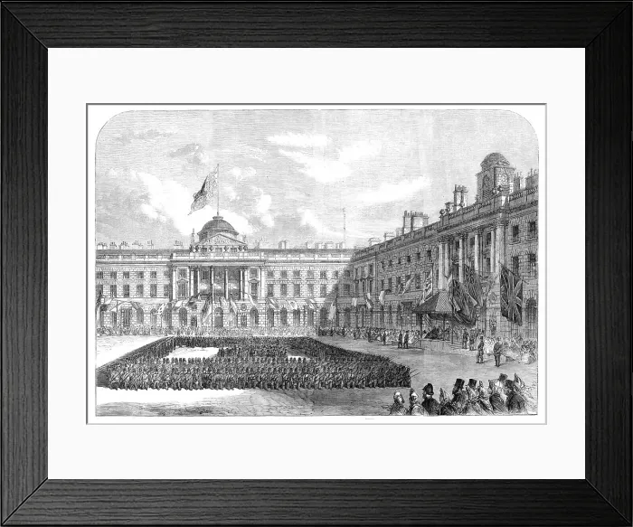 Framed Print : Inspection of Civil Service Volunteers by the Prince of Wales...Quadrangle of Somerset House, 1864. Creator: Unknown Framed Print : Inspection of Civil Service Volunteers by the Prince of Wales...Quadrangle of Somerset House, 1864. Creator: Unknown