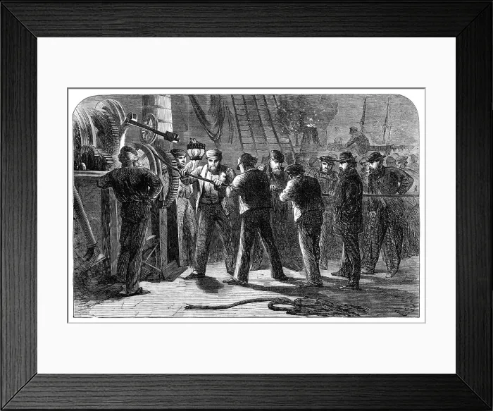 Framed Print : Examining the Atlantic Telegraph Cable, after raising it, on board the Great Eastern, 1865. Creator: Unknown Framed Print : Examining the Atlantic Telegraph Cable, after raising it, on board the Great Eastern, 1865. Creator: Unknown