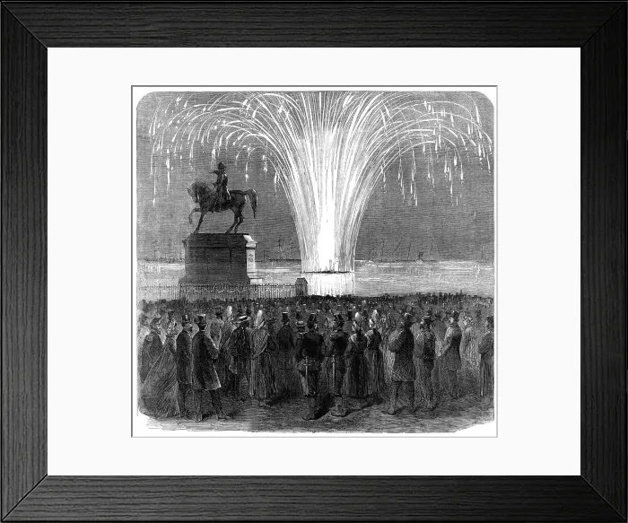 Framed Print : Display of fireworks, Inner Harbour, Cherbourg, in honour of the British Channel Squadron, 1865. Creator: Unknown Framed Print : Display of fireworks, Inner Harbour, Cherbourg, in honour of the British Channel Squadron, 1865. Creator: Unknown