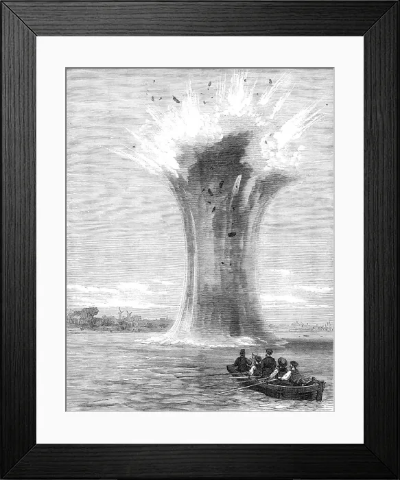 Framed Print : Experiments with torpedo-shells at Chatham: explosion of a 440-pounder, 1865. Creator: Unknown Framed Print : Experiments with torpedo-shells at Chatham: explosion of a 440-pounder, 1865. Creator: Unknown