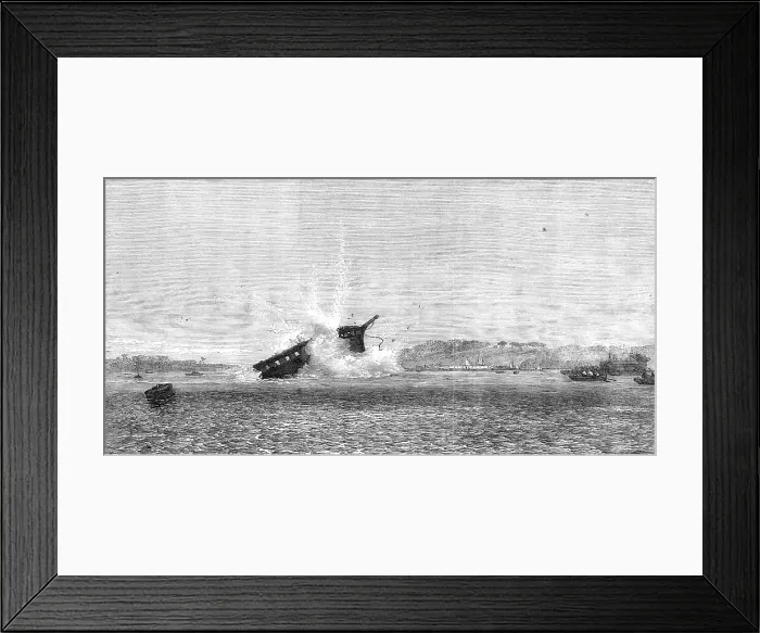 Framed Print : Experiments with torpedo-shells at Chatham: blowing-up of the Terpsichore by a 75-pounder, 1865. Creator: Unknown Framed Print : Experiments with torpedo-shells at Chatham: blowing-up of the Terpsichore by a 75-pounder, 1865. Creator: Unknown