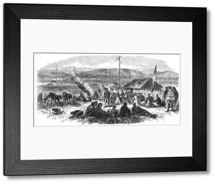 Framed Print : The New Zealand Chief, William Thompson, negotiating with Brigadier-General Carey, 1865. Creator: Unknown Framed Print : The New Zealand Chief, William Thompson, negotiating with Brigadier-General Carey, 1865. Creator: Unknown