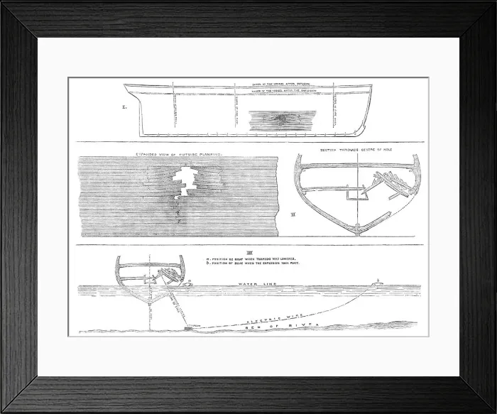 Framed Print : Sections of the hull of H.M.S. Terpsichore, showing effect of the torpedo explosion at Chatham, 1865 Creator: Unknown Framed Print : Sections of the hull of H.M.S. Terpsichore, showing effect of the torpedo explosion at Chatham, 1865 Creator: Unknown