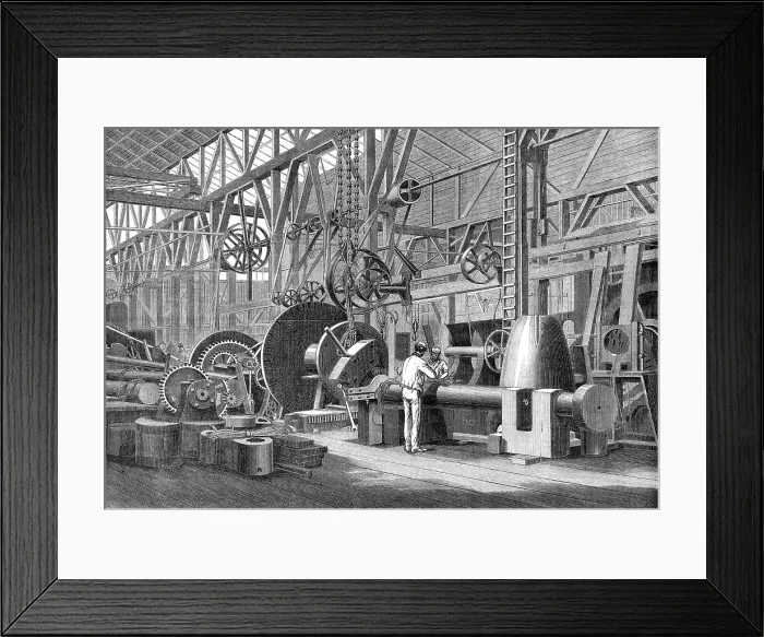Framed Print : A visit to Penn's Marine Engine Factory, at Greenwich: turning a paddle shaft for a steam-ship, 1865 Creator: Unknown Framed Print : A visit to Penn's Marine Engine Factory, at Greenwich: turning a paddle shaft for a steam-ship, 1865 Creator: Unknown